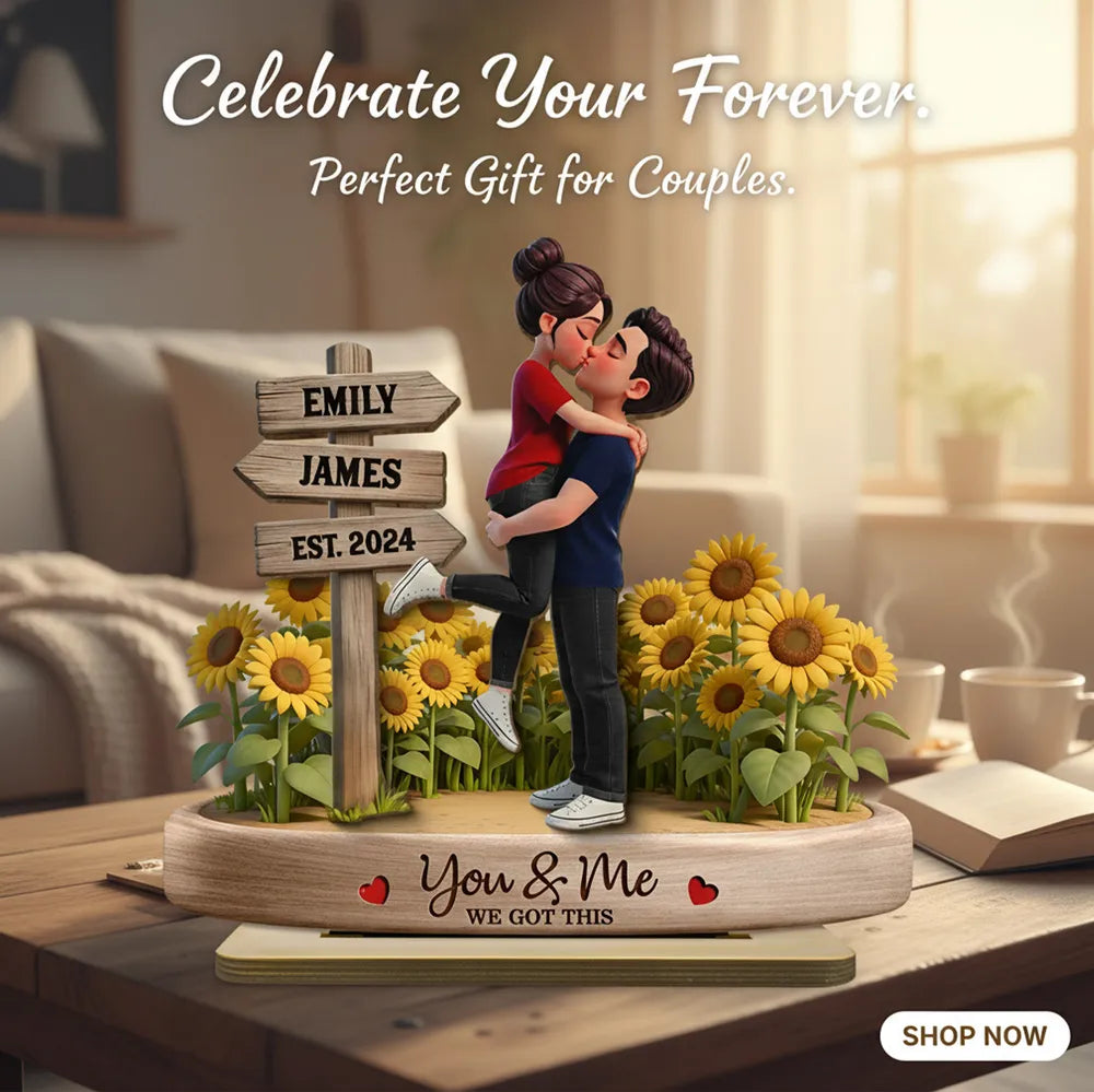 Personalized 2-Layer Wooden Plaque Couple Hugging Kiss in Sunflowers You & Me We Got This Unique Gift for Wife or Husband