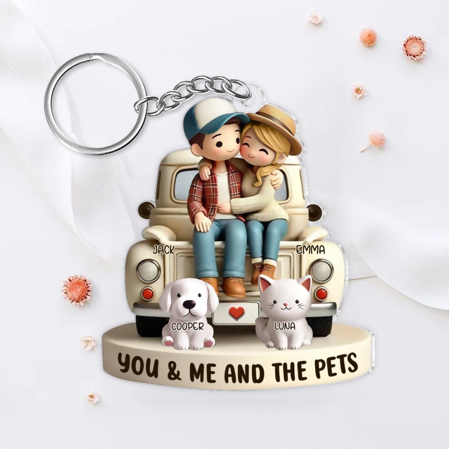 Couple and Pet Cartoon Acrylic Keychain – "You, Me, and the Pets" Personalized Gift