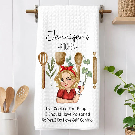 Personalized Kitchen Towel with Funny Cooking Quote and Wine Girl Illustration, Unique Gift for Home Cooks
