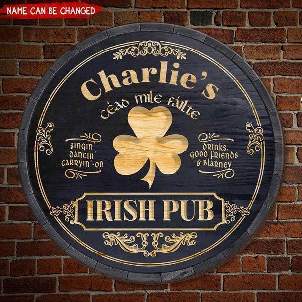 Personalized Irish Pub Clover Wooden Sign Round Green Bar Decor With Celtic Style Lettering Unique St. Patrick's Day Gift