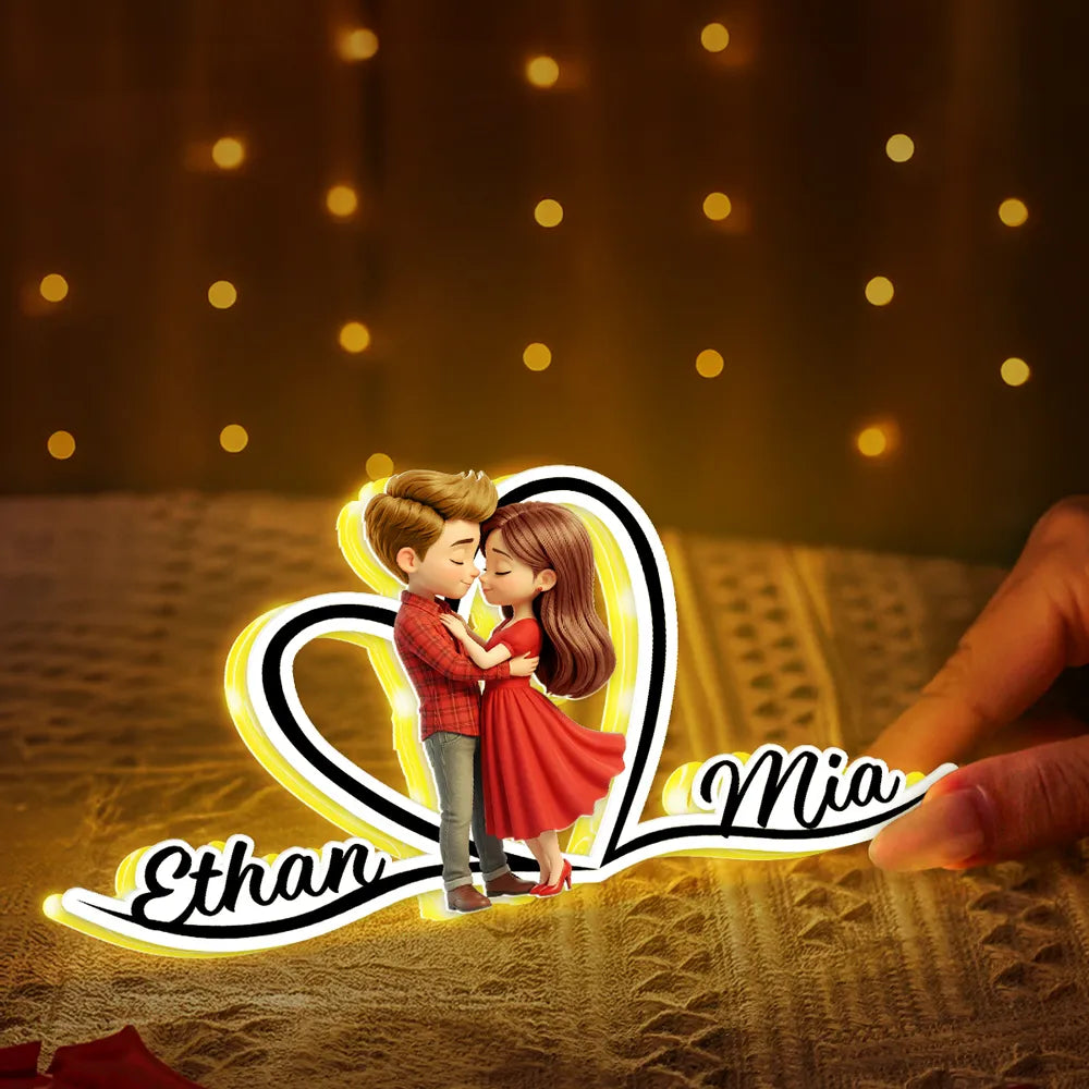 Personalized Acrylic Light Box with Kissing Couple and Heart Outline, Warm Glow Bedroom Decor, Unique Gift for Him or Her