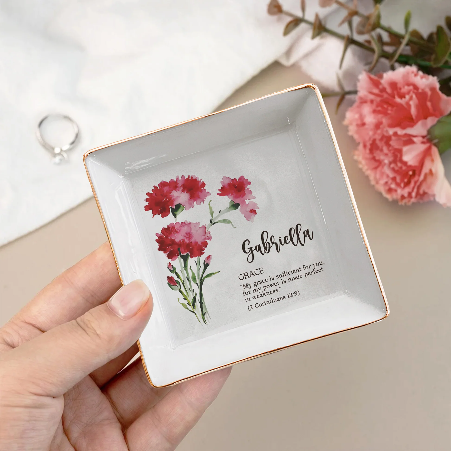 Personalized Birth Flower Jewelry Dish with Bible Verse, Watercolor Floral Keepsake, Unique Christian Gift for Her