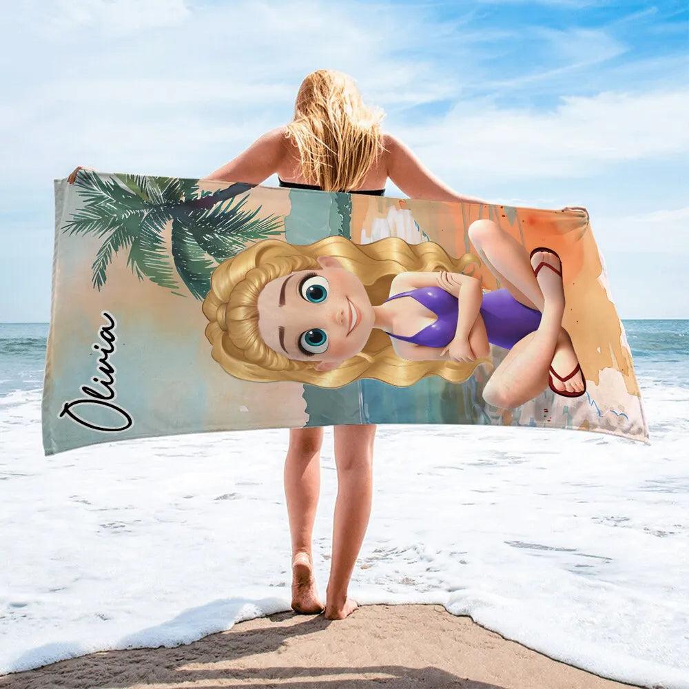 Personalized Beach Towel with Cartoon Girl – Summer Beach Gift for Her, Custom Name Towel for Vacation and Pool Days