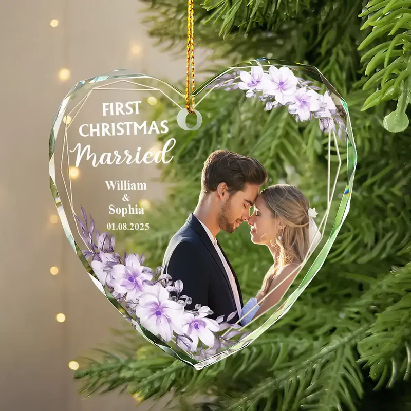 Personalized Crystal Ornament for First Christmas Married – Custom Photo Couple Keepsake, Romantic Holiday Tree Gift