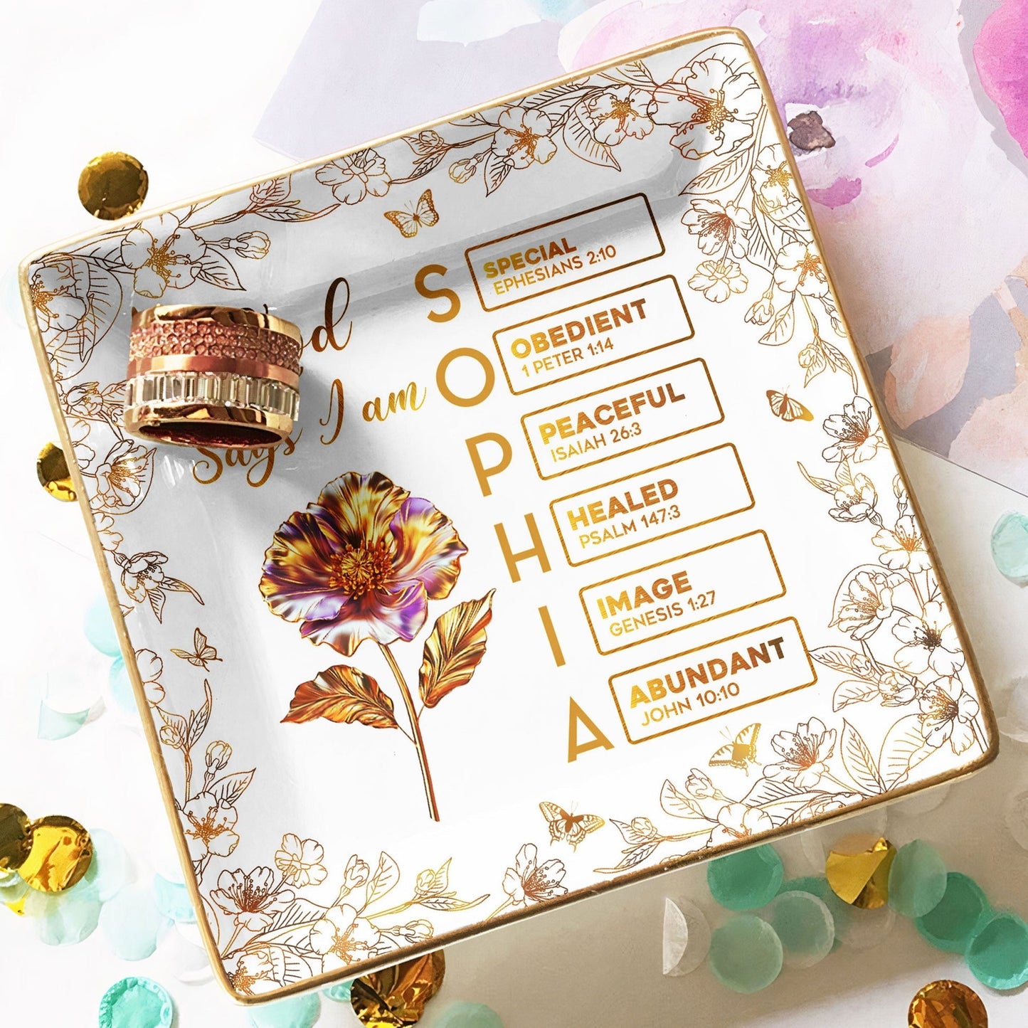 Jewelry Dish with Floral Scripture Design, Elegant Keepsake, Perfect Gift for Women