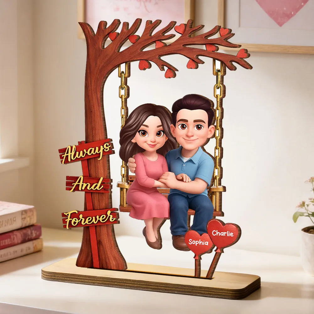 Personalized 2-Layer Wooden Plaque Couple on Swing Under Heart Tree, Always And Forever Romantic Unique Gift for Her or Him