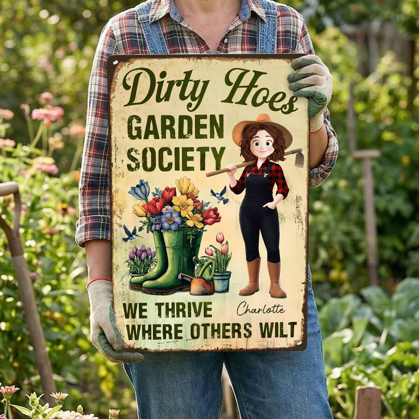 Personalized Rectangular Iron Sign Dirty Hoes Garden Society Funny Vintage Garden Decor, Unique Gift for Plant Lovers