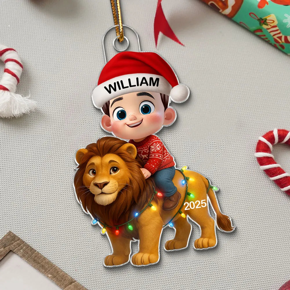 Christmas Acrylic Ornament with Cute Child Riding Lion, Festive Illustration, Perfect Gift for Kids