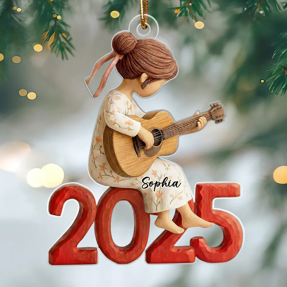Personalized Acrylic Ornament Girl Playing Guitar Holiday Decor, Cute Keepsake Gift For Music Lover