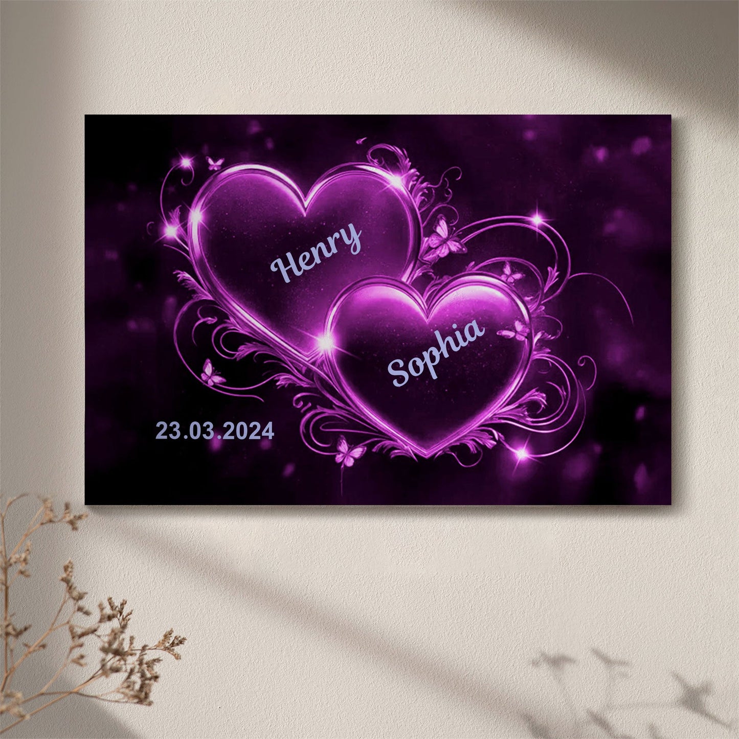 Romantic Double Heart Neon Poster or Canvas - Personalized Valentine’s Day Gift for Couples, Bedroom Decor