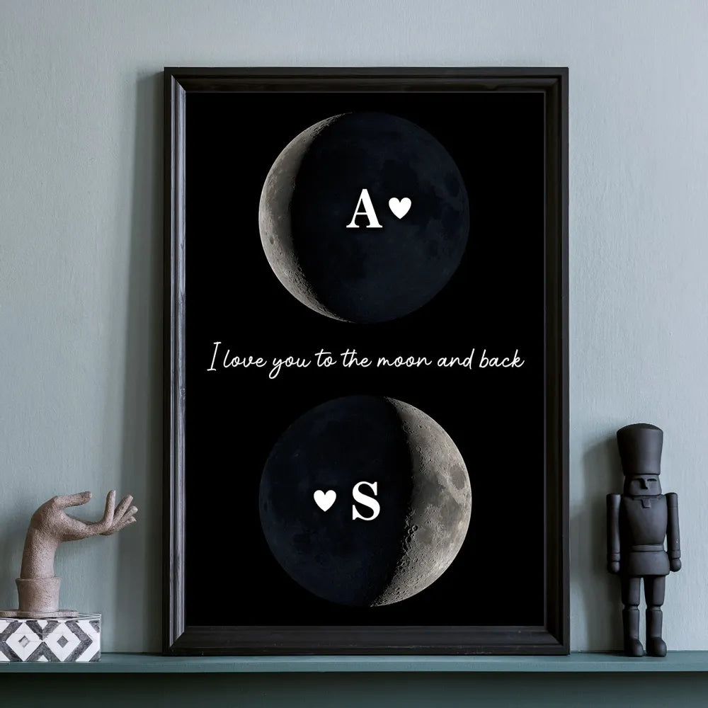 Personalized Moon Phase Poster for Couple, I love you to the moon and back Wall Art, Unique Romantic Gift