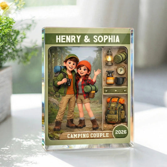 Personalized Camping Couple Rectangle Acrylic Block Plaque, Cute Cartoon Hikers Desk Decor, Unique Gift for Couples