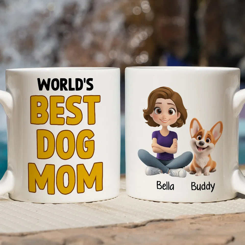 World’s Best Dog Dad Mug – Personalized Ceramic Mug with Cartoon Dog and Owner for Dog Lovers