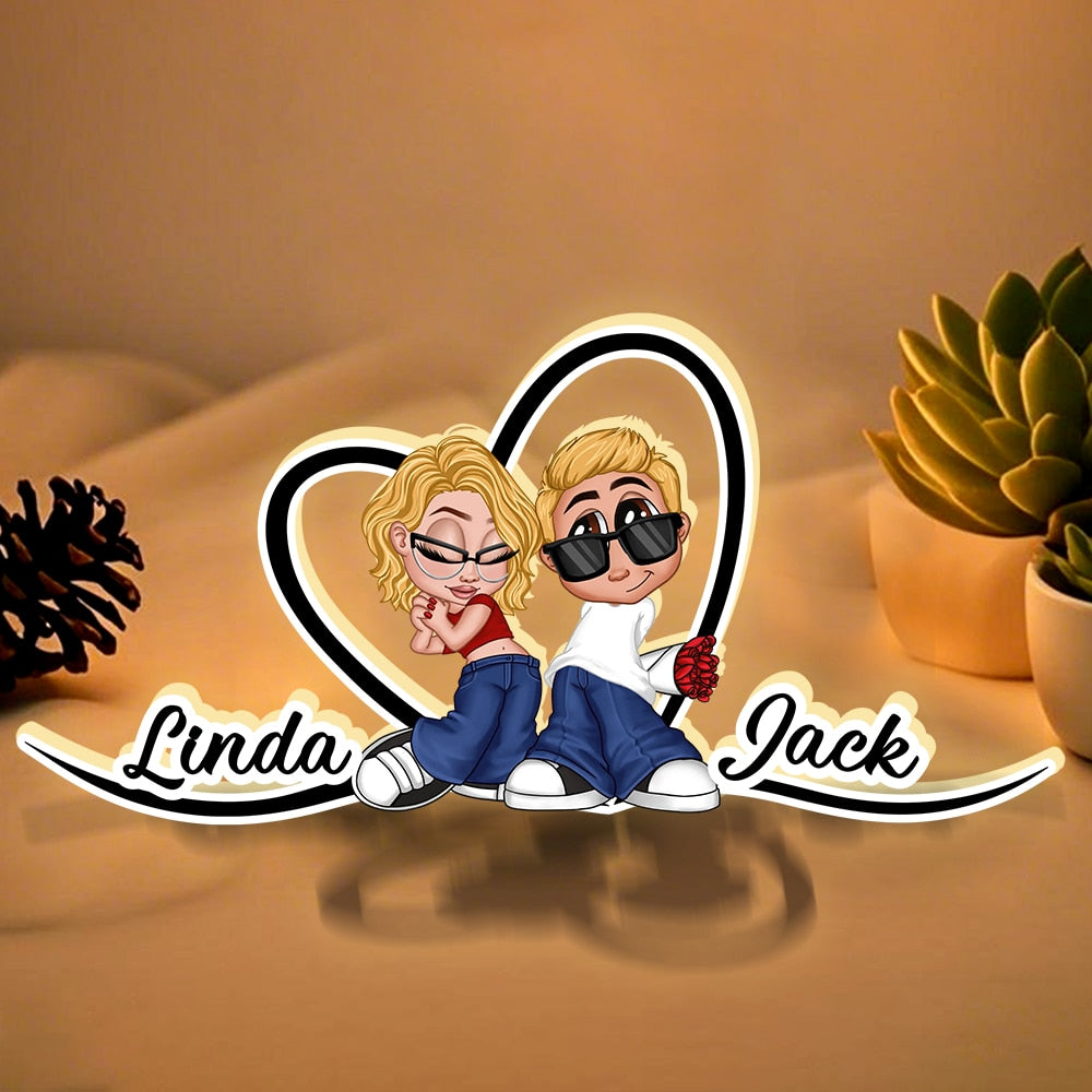 Custom LED Plaque - Adorable Couple with Romantic Heart Scene - Unique Gift for Boyfriend & Girlfriend