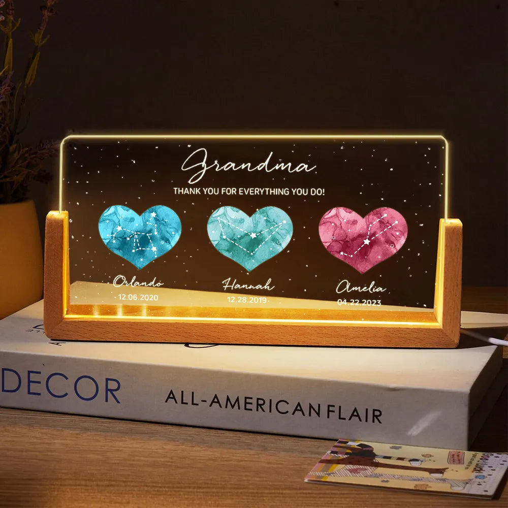 Grandma - A Heartfelt Thank You – LED Light Frame with Custom Heart Designs and Family Birthdays – Perfect Personalized Gift for Grandmothers