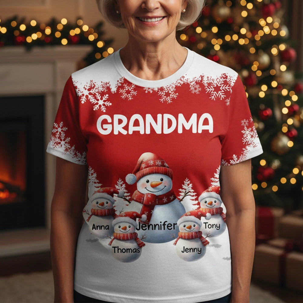 Classic Tee - Snowman Grandma Christmas Design, Soft Cotton, Snowy Forest Scene, a unique gift for Grandma