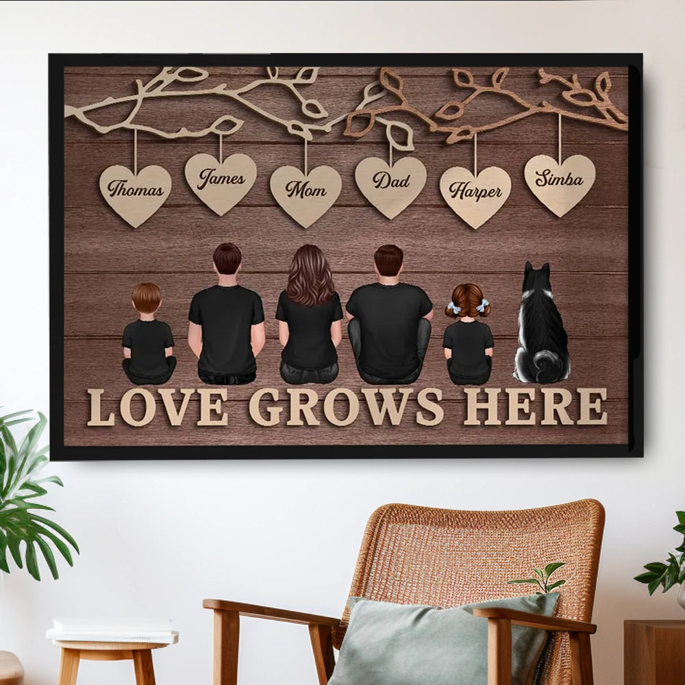 Personalized Family Tree Poster with Heart Name Tags, Rustic Wood Look Wall Art, Unique Gift for Mom Dad & Family