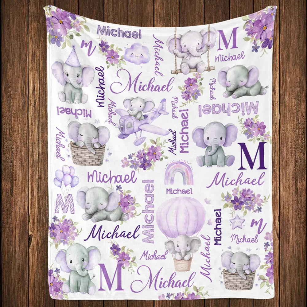 Custom Name Baby Fleece Blanket with Cute Pink Elephant Illustrations, Lightweight Cozy Throw, Adorable Personalized Gift