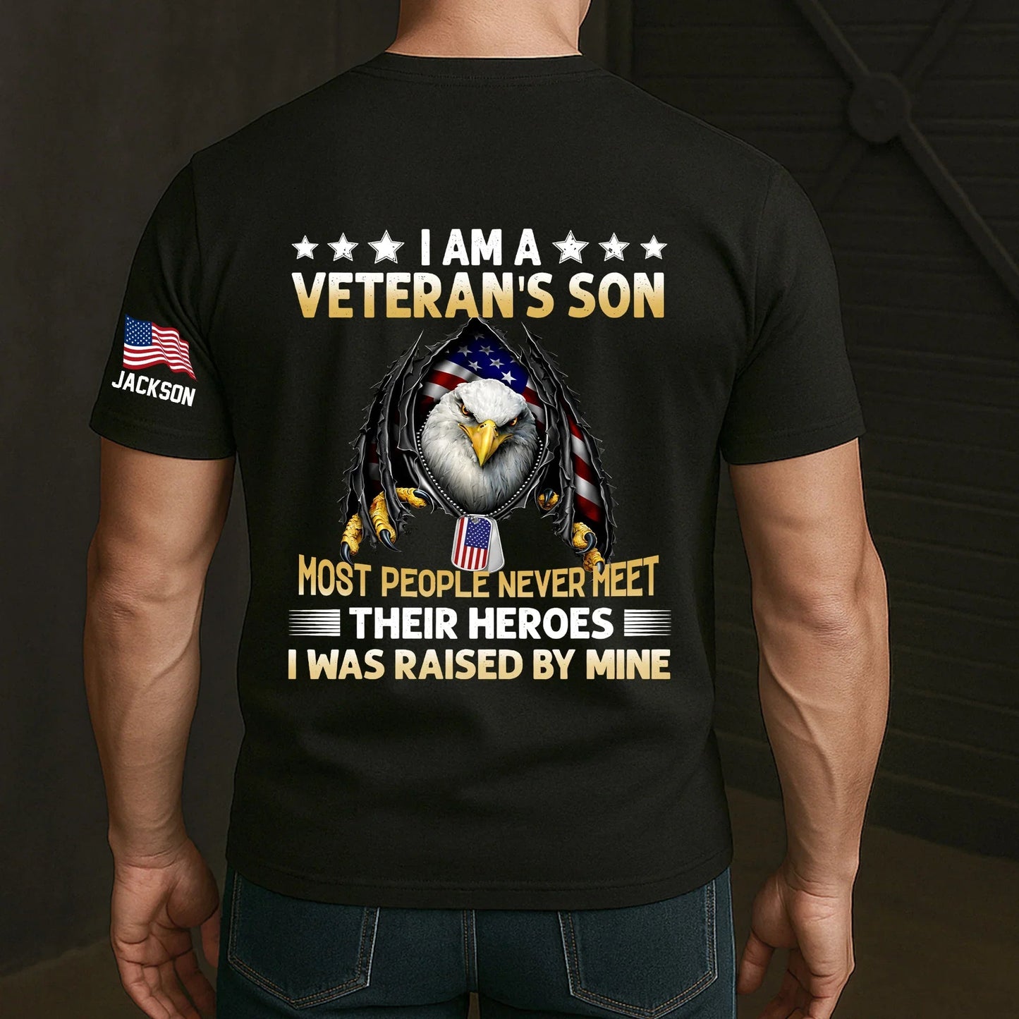Personalized Dual Print Classic Tee I Am A Veteran's Son Eagle Flag Graphic Unique Gift for Proud Military Families