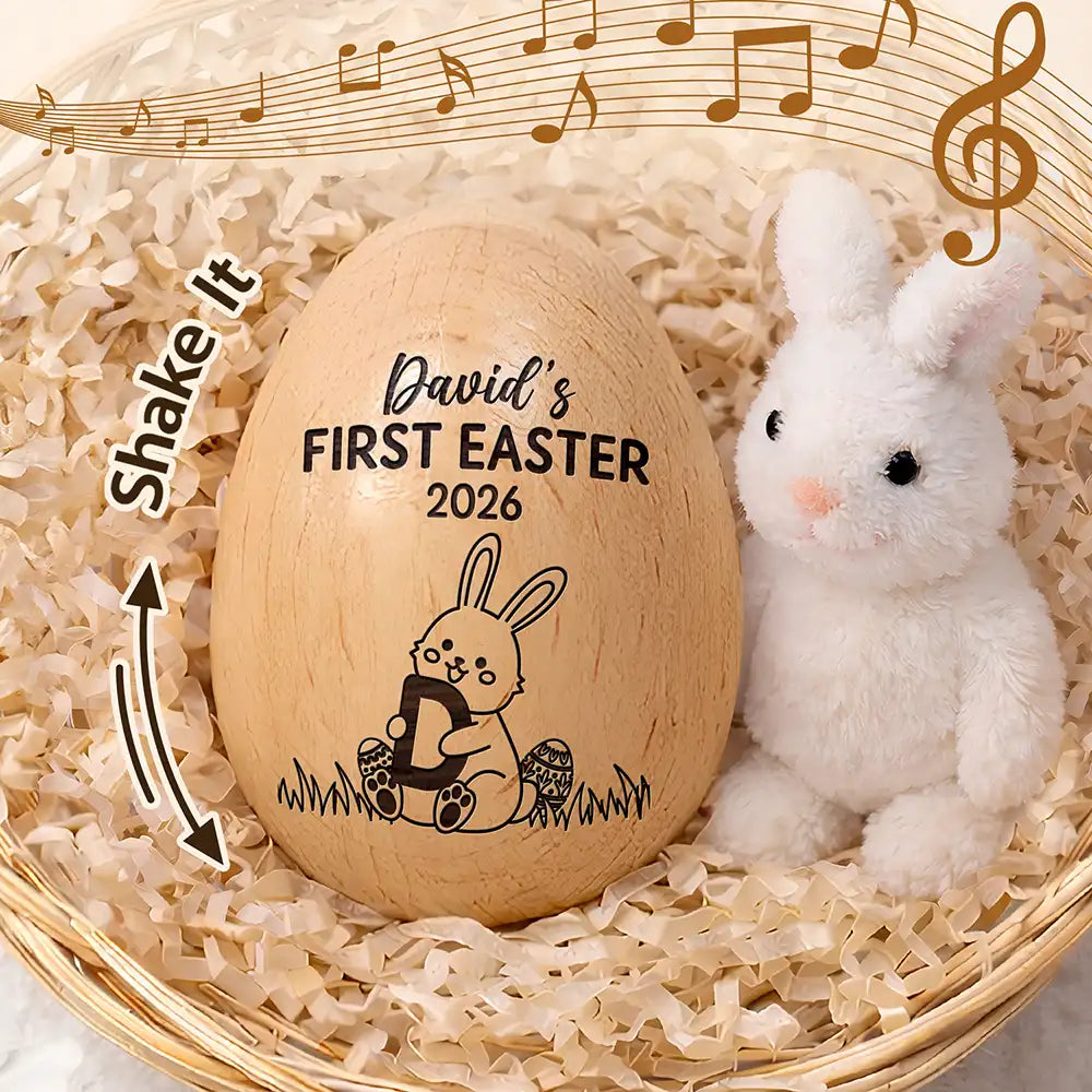 Personalized Wooden Egg Shaker for Baby's First Easter, Bunny Music Design, Unique Keepsake Gift for New Parents