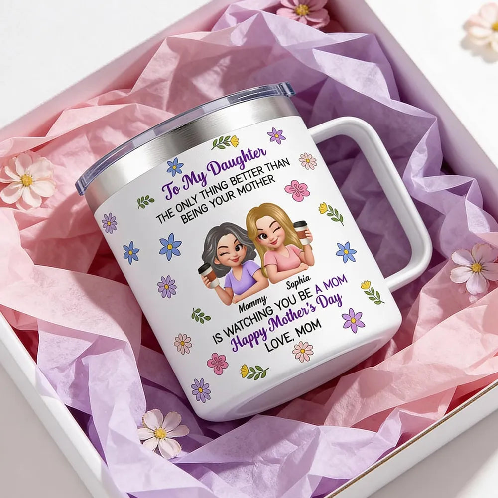 Personalized Mother's Day Stainless Steel Coffee Mug with Floral Mom Daughter Quote, Unique Gift for Daughter