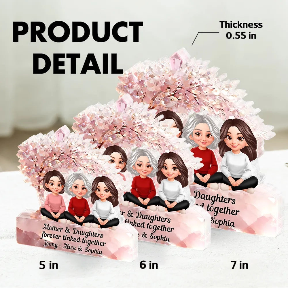 Personalized Shaped Acrylic Block Plaque, Mother & Daughters Under Pink Blossom Tree, Unique Gift for Mom