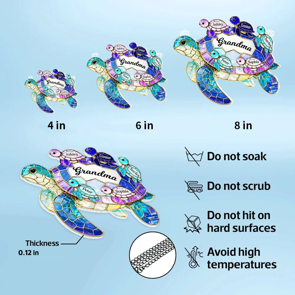 Acrylic Suncatcher Ornament for Grandma with Sea Turtle Family, Beachy Window Decor with Rainbow Shine, Thoughtful Personalized Gift