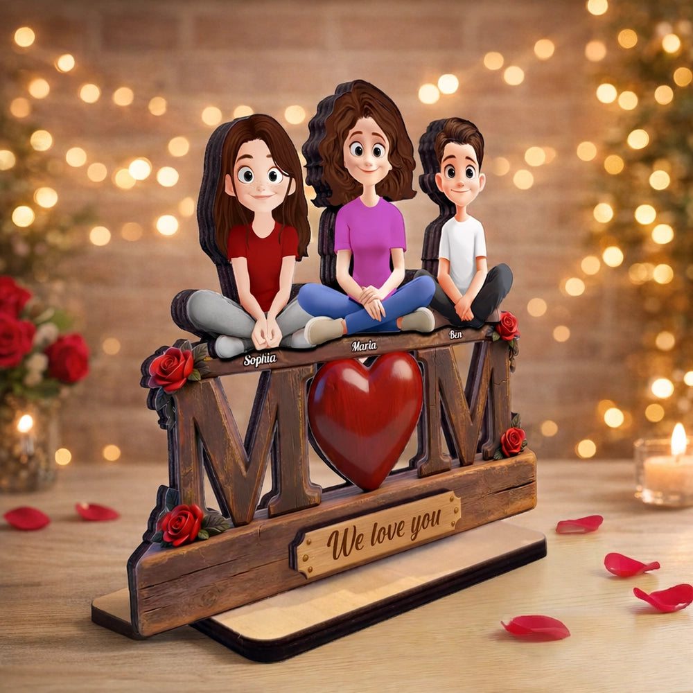 Personalized 2-Layer Wooden Plaque with Custom Cartoon Family and We Love You Message, Unique Gift for Mom