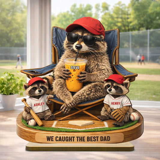 Personalized 2-Layer Wooden Plaque, Funny Raccoon Baseball Dad Scene, Unique Father's Day Gift