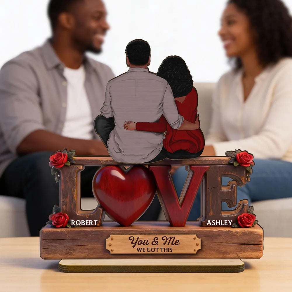 2-Layer Wooden Plaque Personalized Love Keepsake, Couple Sitting Embracing with Roses, Sweet You & Me Gift