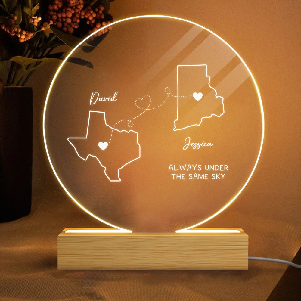 Personalized Long Distance Map LED Light Plaque, Always Under The Same Sky, Unique Couple Gift for Cozy Ambient Decor