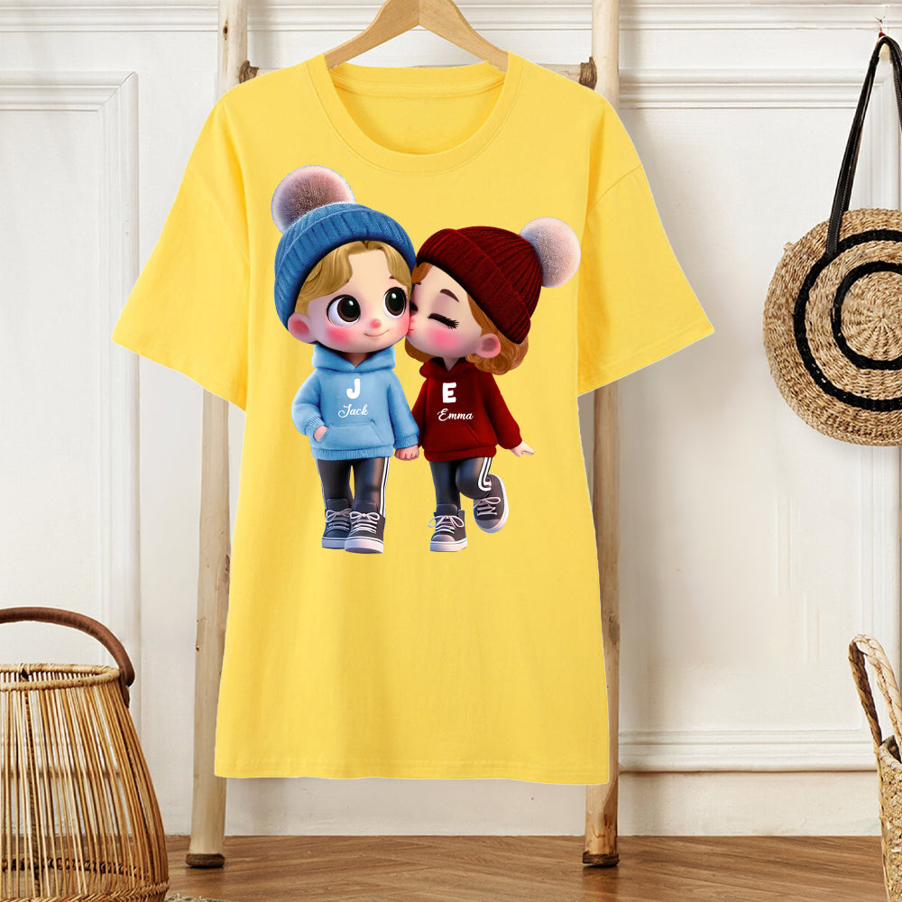 Personalized Couple Classic Tee – Cute Cartoon Couple Design, Custom Names, Perfect Gift for Couples