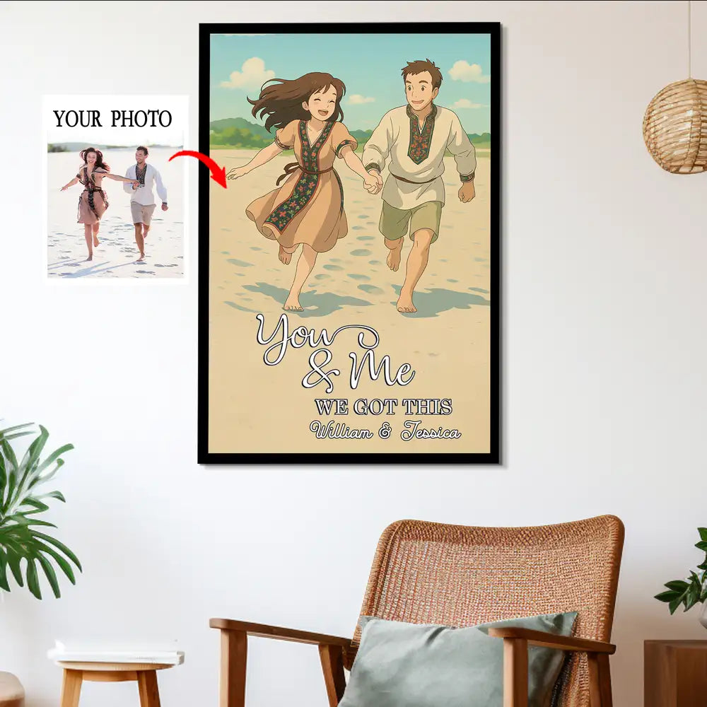Custom Photo-to-Cartoon Poster – “You & Me, We Got This” Beach Illustration, Upload Photo & Names