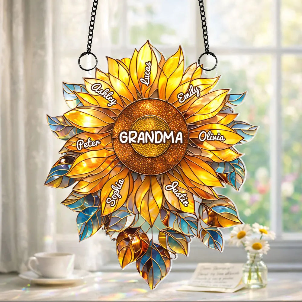 Custom Sunflower "Grandma's Love Bugs" Suncatcher - Personalized Window Art with Names for Grandma, Nana & Gigi - Unique Mother's Day or Birthday Gift