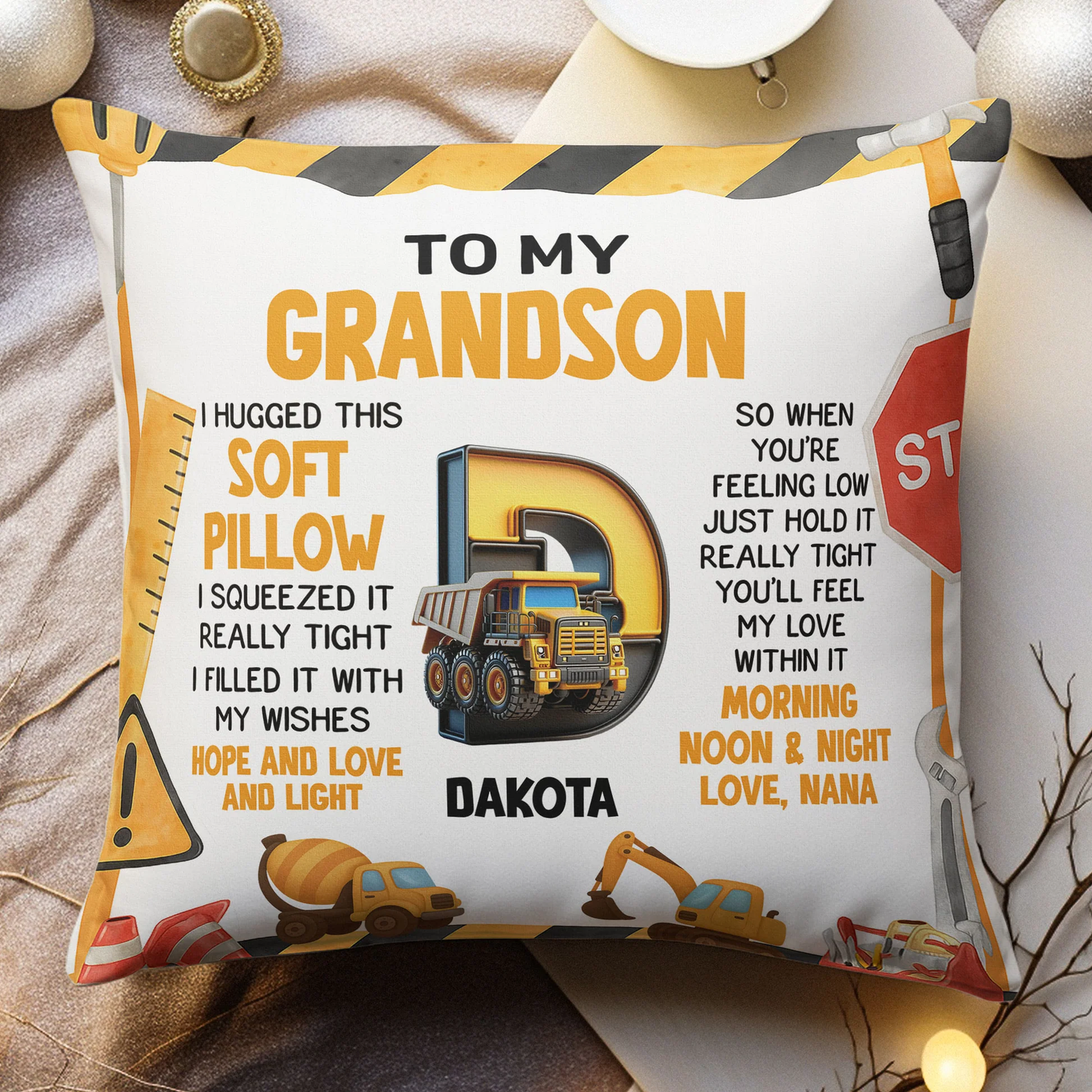 Personalized Construction Theme Square Pillow for Grandson, Cute Truck Initial Design, Unique Gift That Feels Like a Hug