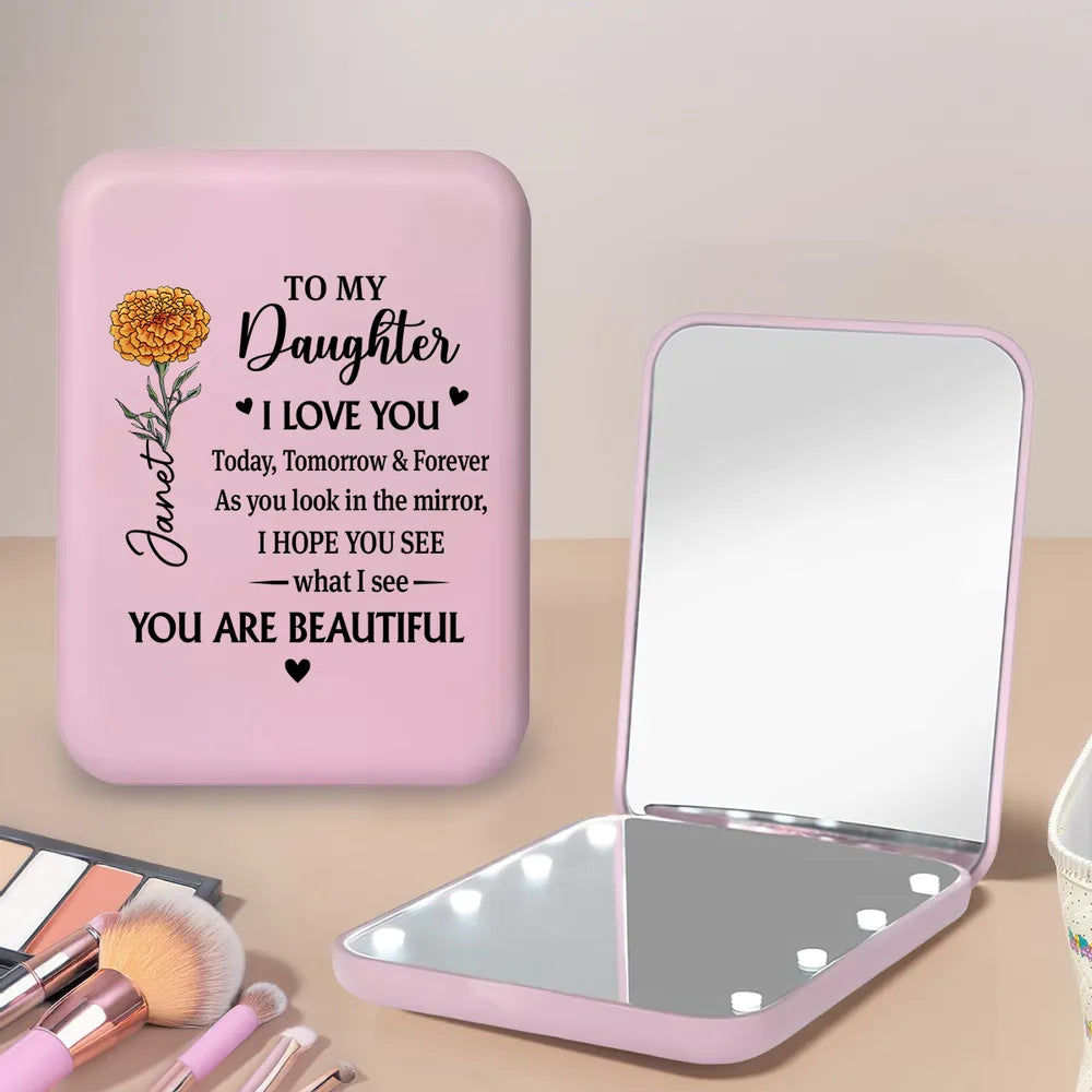 Personalized LED Pocket Mirror 'To My Daughter' Love Message - Unique Gift for Her, Daily Confidence Boost