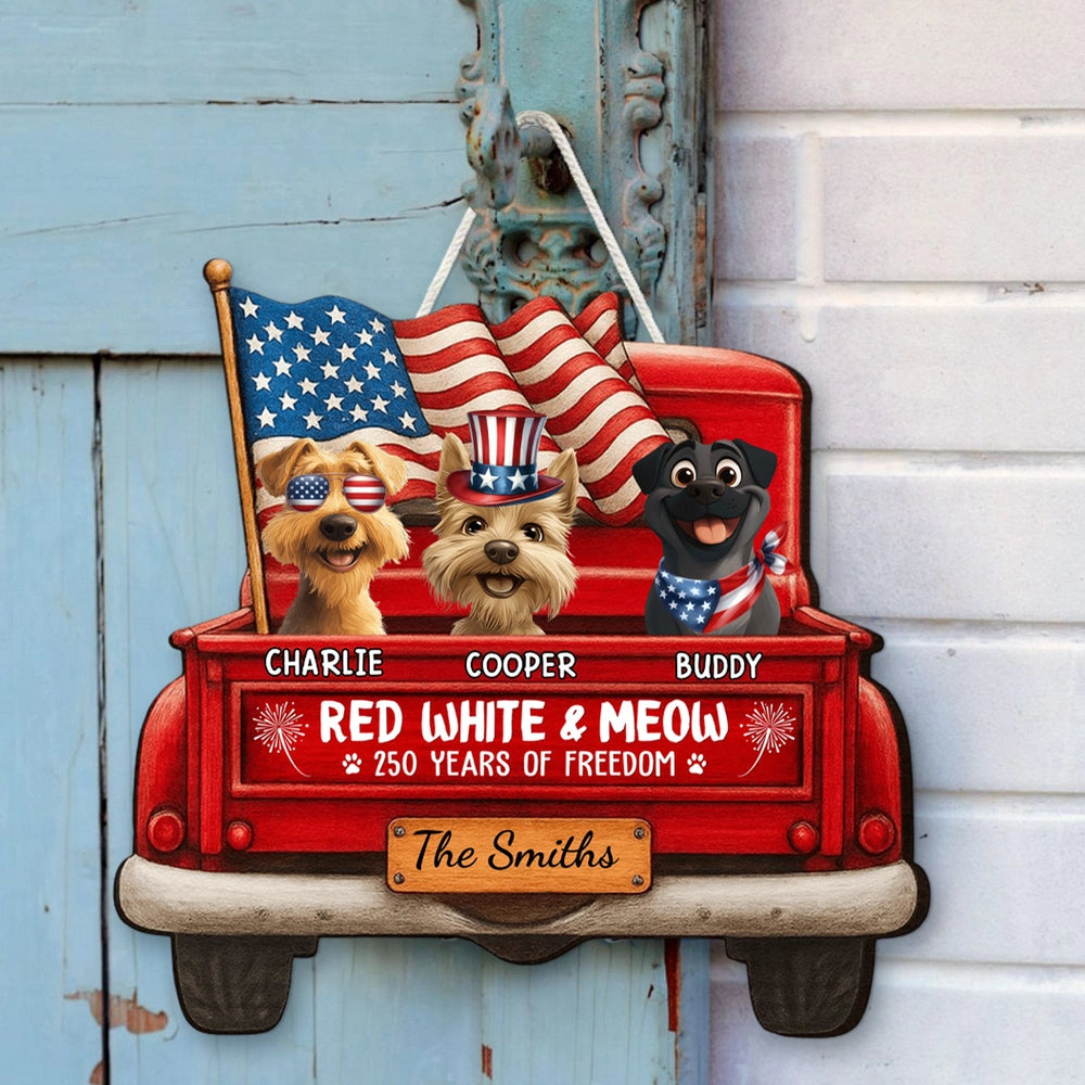 Personalized Patriotic Dog Wooden Sign, Red Truck With American Flags, Cute Funny Kitchen Decor, Unique Gift For Dog Lovers