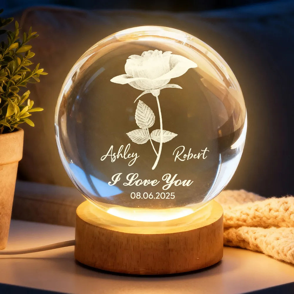 Personalized I Love You Globe Lamp with Rose Design - Cozy Bedside Glow for Her or Him, Unique Gift