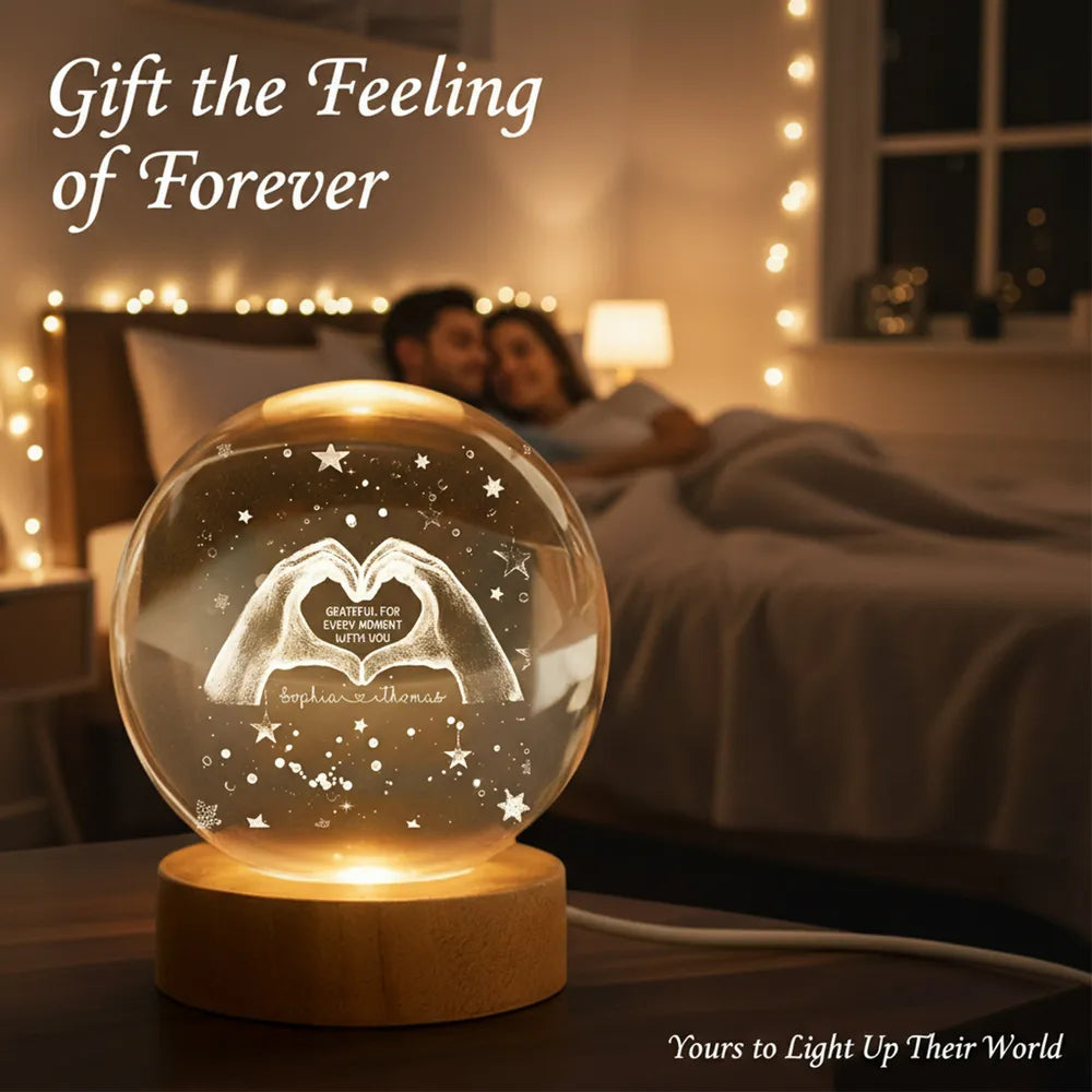 Personalized Globe Lamp With Heart Hands Quote, Cozy Starry Night Decor, Unique Romantic Gift For Couples