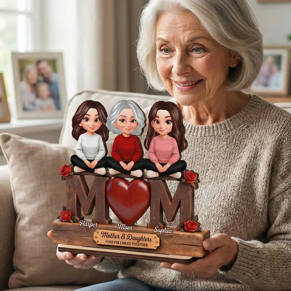 Personalized 2-Layer Wooden Plaque Mom and Daughters Cartoon Sitting on MOM Heart - Unique Mother's Day Gift