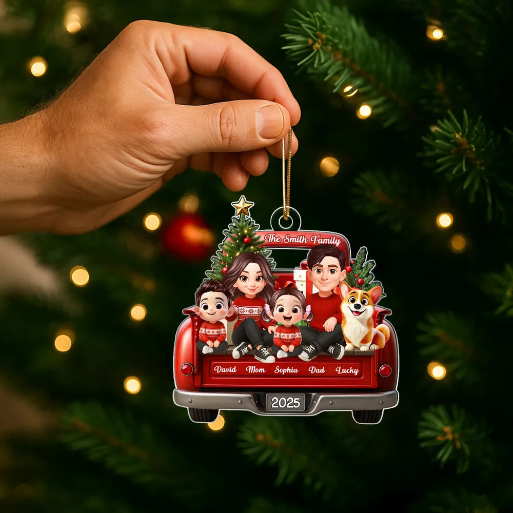 Acrylic Ornament — red truck Christmas family with tree & pup, cheerful décor for mantel or tree, sentimental keepsake, perfect gift