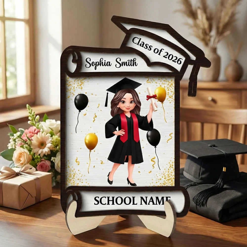 Class of Graduation 2-Layer Wooden Plaque Personalized Keepsake With Cap And Balloons For Desk Or Shelf Heartfelt Gift