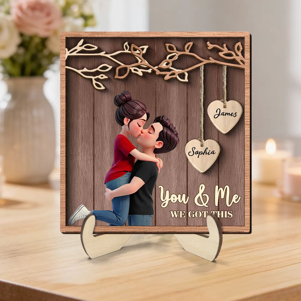 2-Layer Wooden Plaque Personalized for Couples, Romantic Hug and Kiss Under Hanging Hearts, Sweet Keepsake Gift for Him or Her