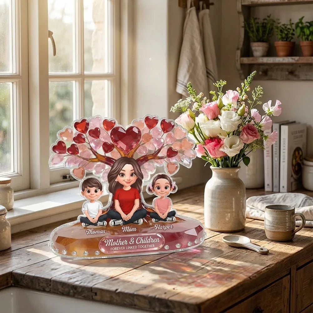 Personalized Shaped Acrylic Block Plaque Mom With Kids Under Heart Tree - Unique Mother's Day Gift, Forever Linked Decor