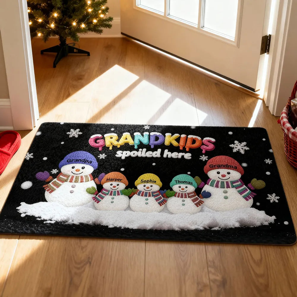 Doormat Personalized Snowman Family for Entryway, Grandkids Spoiled Here, cozy winter look, unique gift for Grandparents