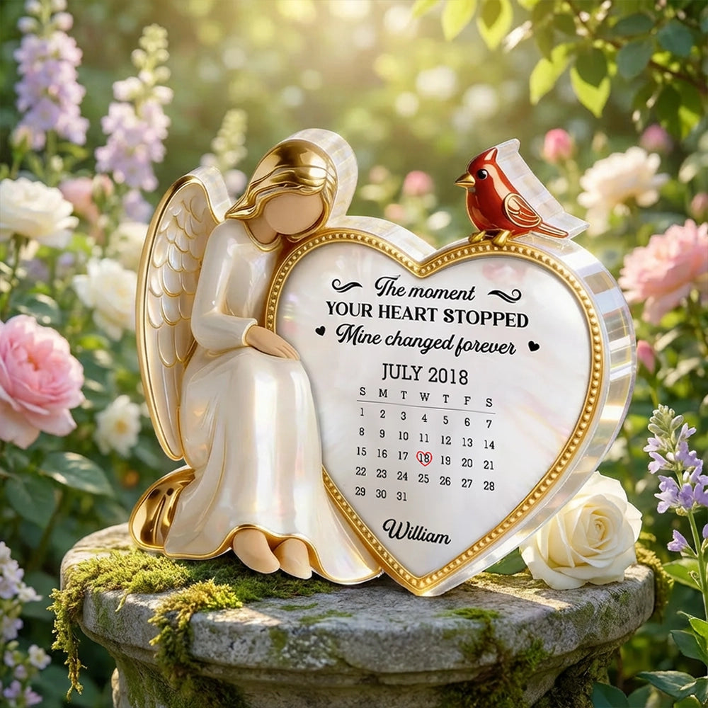 Personalized Shaped Acrylic Block Plaque with Angel & Heart Calendar Design - Memorial Keepsake Gift for Family