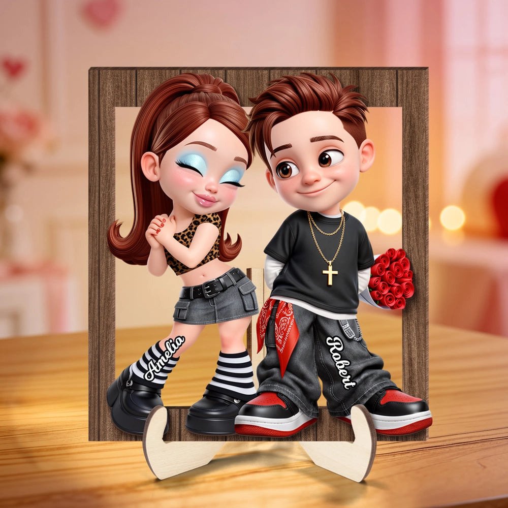 Personalized 2-Layer Wooden Plaque Y2K Cartoon Couple Holding Roses Unique Gift For Him Or Her