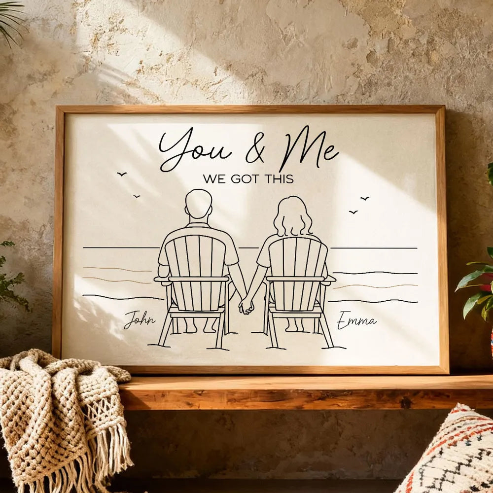Custom Line Art Beach Poster – Holding Hands Couple Illustration, Add Names, Perfect Anniversary or Valentine’s Gift