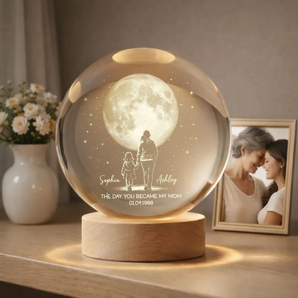 The Day You Became My Mom Personalized Globe Lamp, Mom and Child Under the Moon Night Light, Meaningful Gift