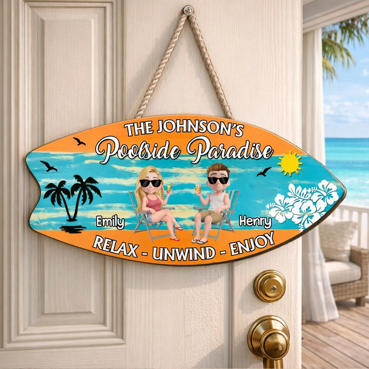 Poolside Paradise Wooden Sign, Personalized Sunny Beach Couple Illustration, Relax Unwind Enjoy, Creative Gift